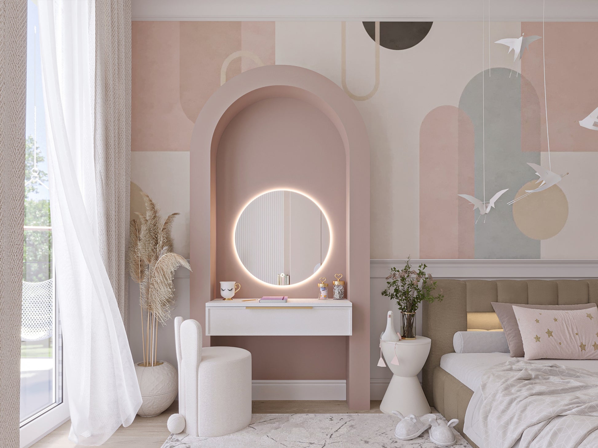 Designerskie lustro Orandiu A 60 cm w kolorze uniwersalnym z podświetleniem LED umieszczone w sypialni nad toaletką w niszy w pastelowych barwach.