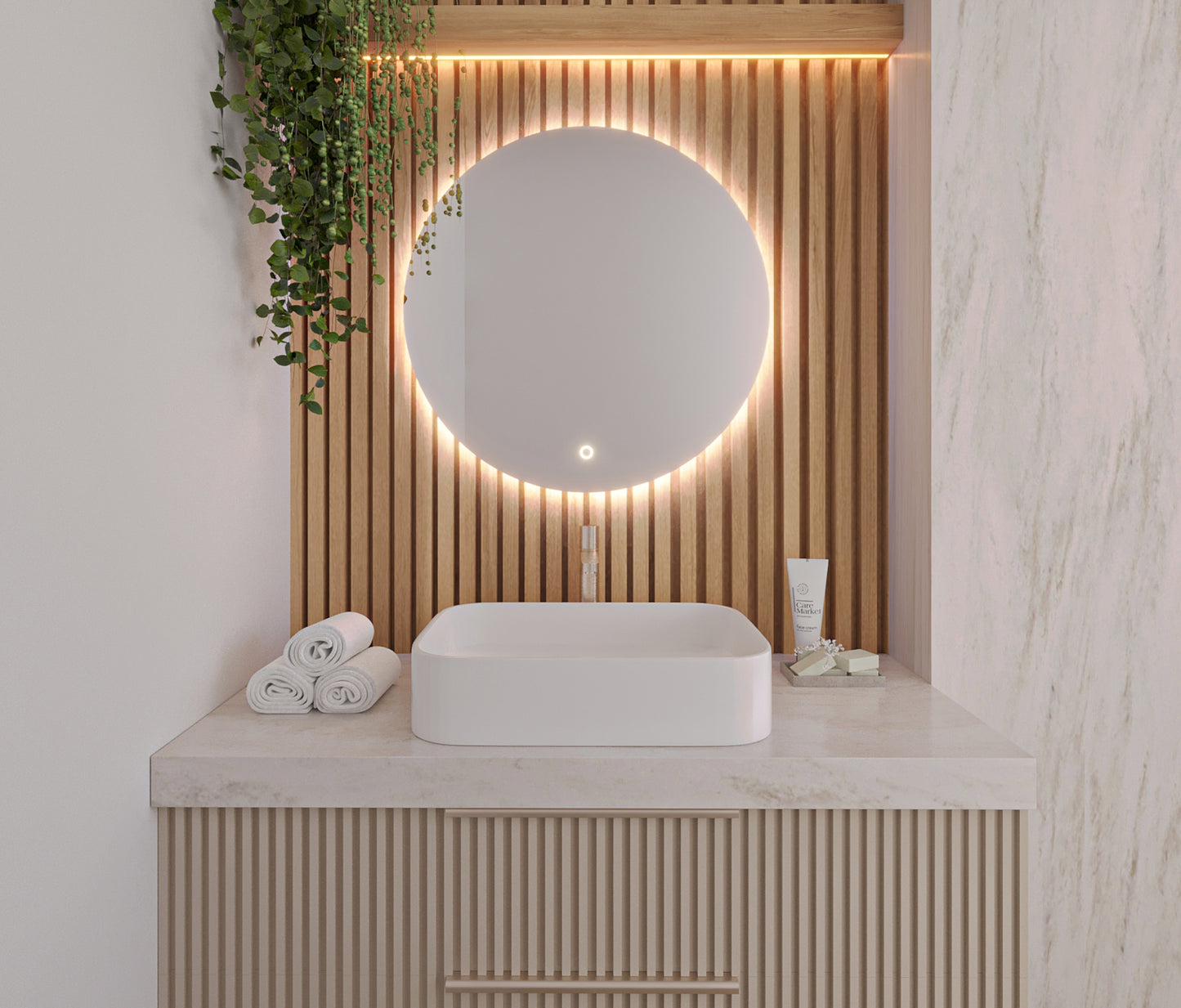 Lustro Orandiu A 80 cm LED w kolorze uniwersalnym nad umywalką nablatową w łazience z drewnianą zabudową i dekoracyjnymi panelami.