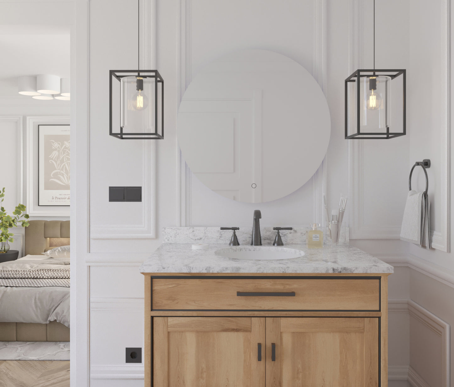 Okrągłe lustro Orandiu A 80 cm w kolorze uniwersalnym nad umywalką z marmurowym blatem, aranżacja z wiszącymi lampami.