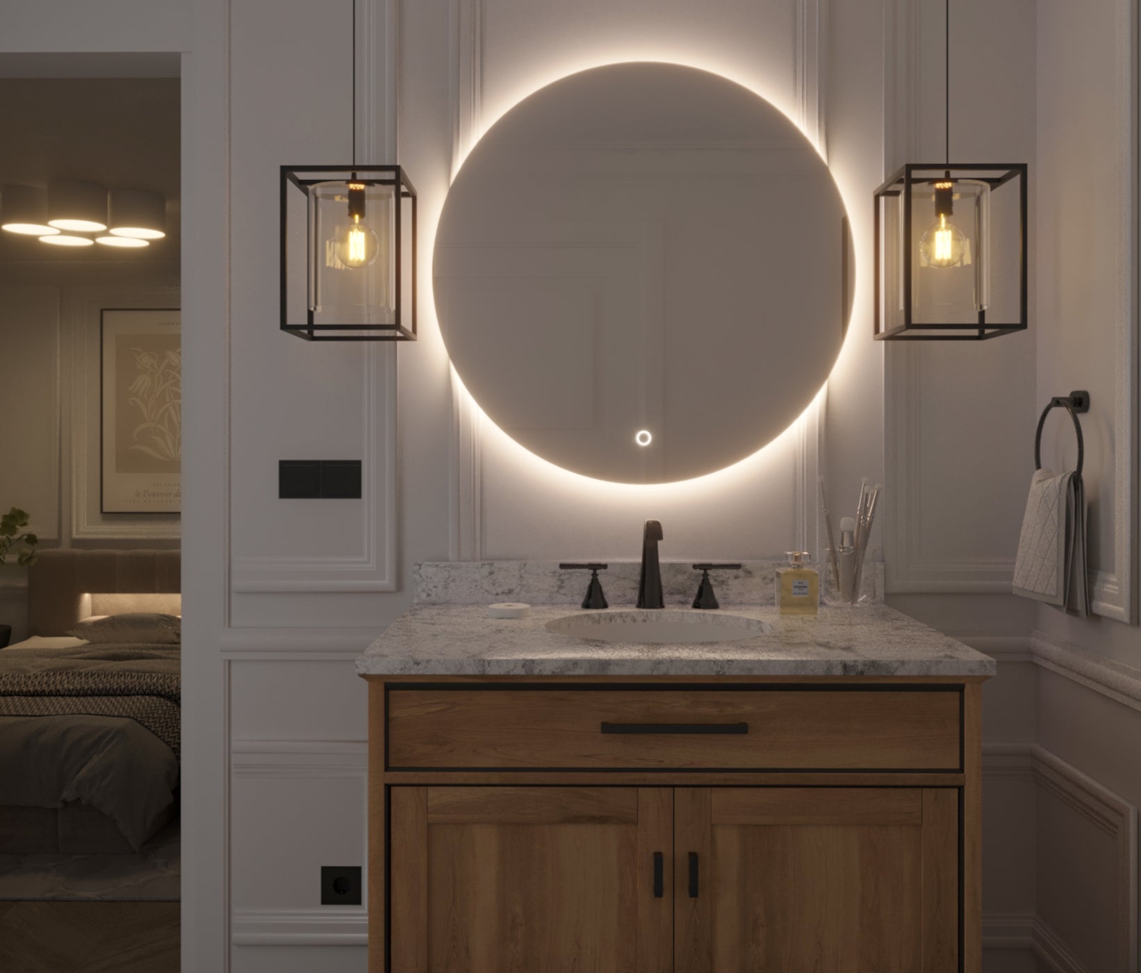 Lustro Orandiu A 80 cm LED w kolorze uniwersalnym z włączonym podświetleniem w eleganckiej łazience z marmurowym blatem i czarnymi dodatkami.