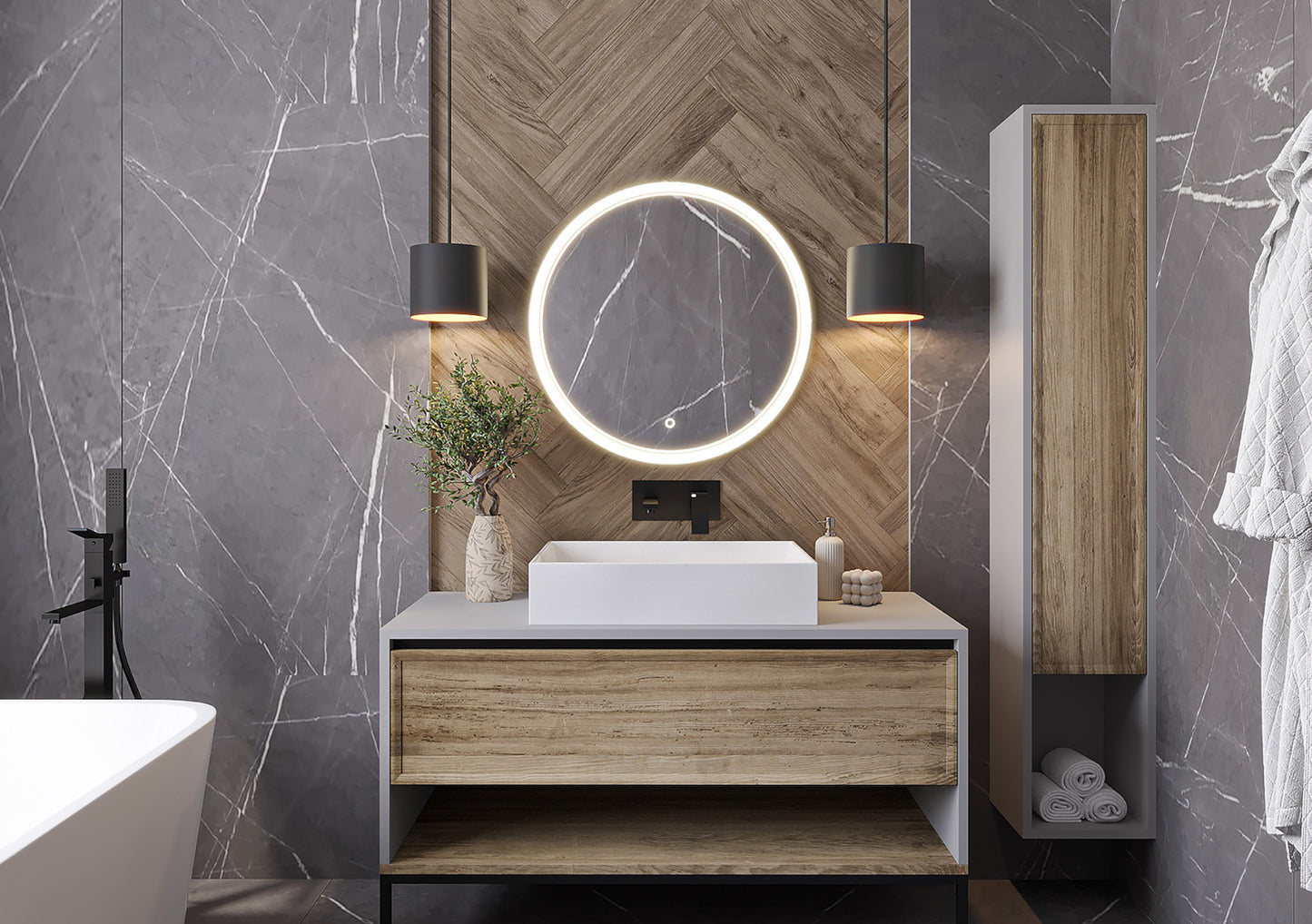 Lustro Orandiu L 60 cm LED nad umywalką w nowoczesnej łazience z drewnianym wykończeniem i szarymi marmurowymi ścianami.