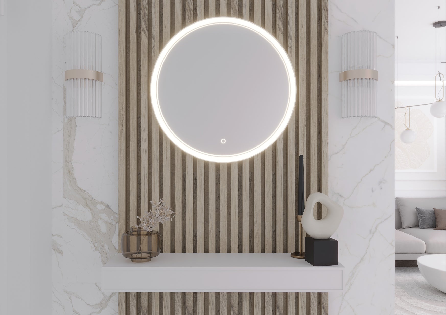 Okrągłe lustro Orandiu L 60 cm LED zamontowane w eleganckim przedpokoju z dekoracyjnymi panelami drewnianymi i białą półką.