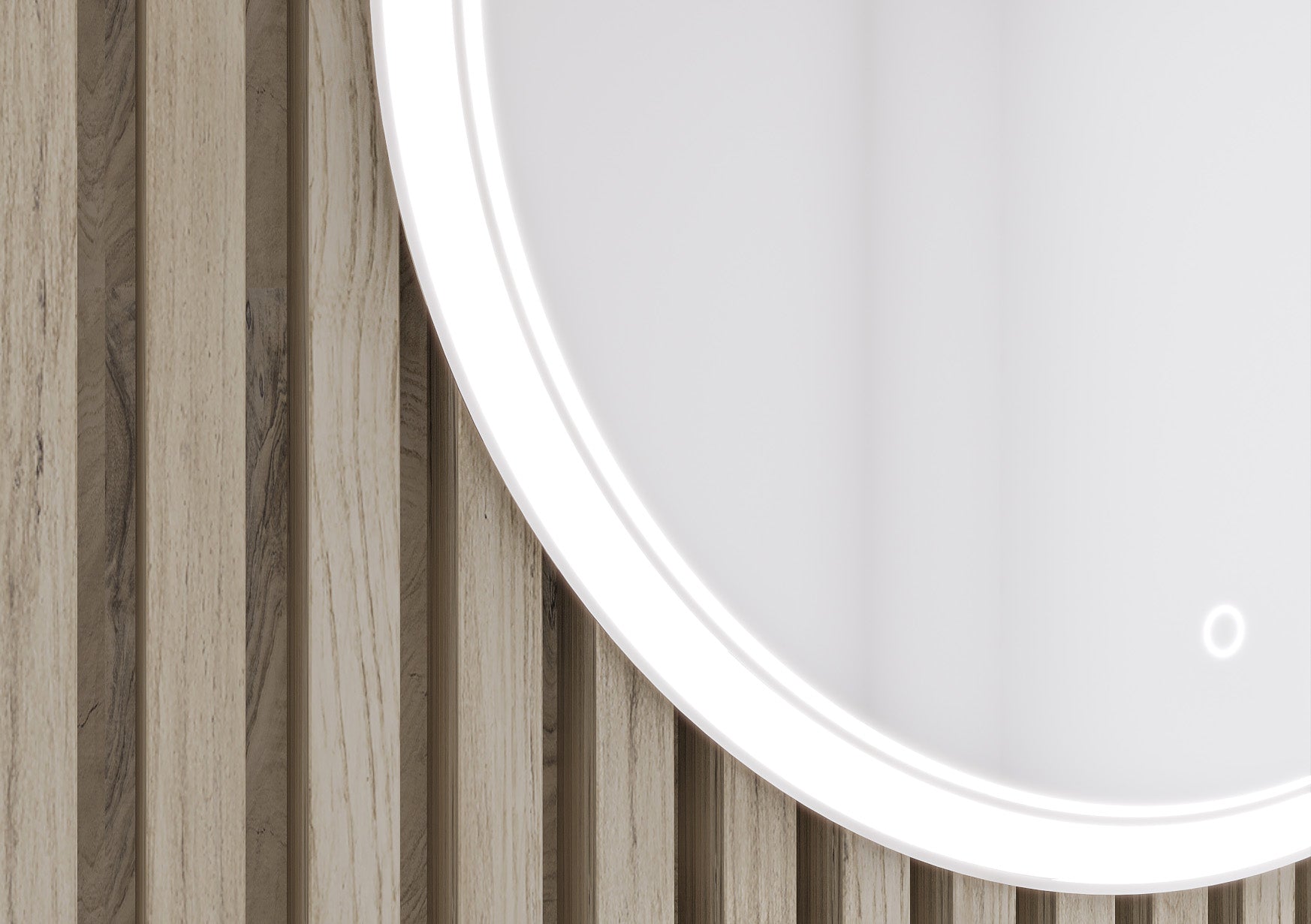 Zbliżenie na krawędź lustra Orandiu L 60 cm z podświetleniem LED i dotykowym przyciskiem, detal na tle drewnianych paneli.