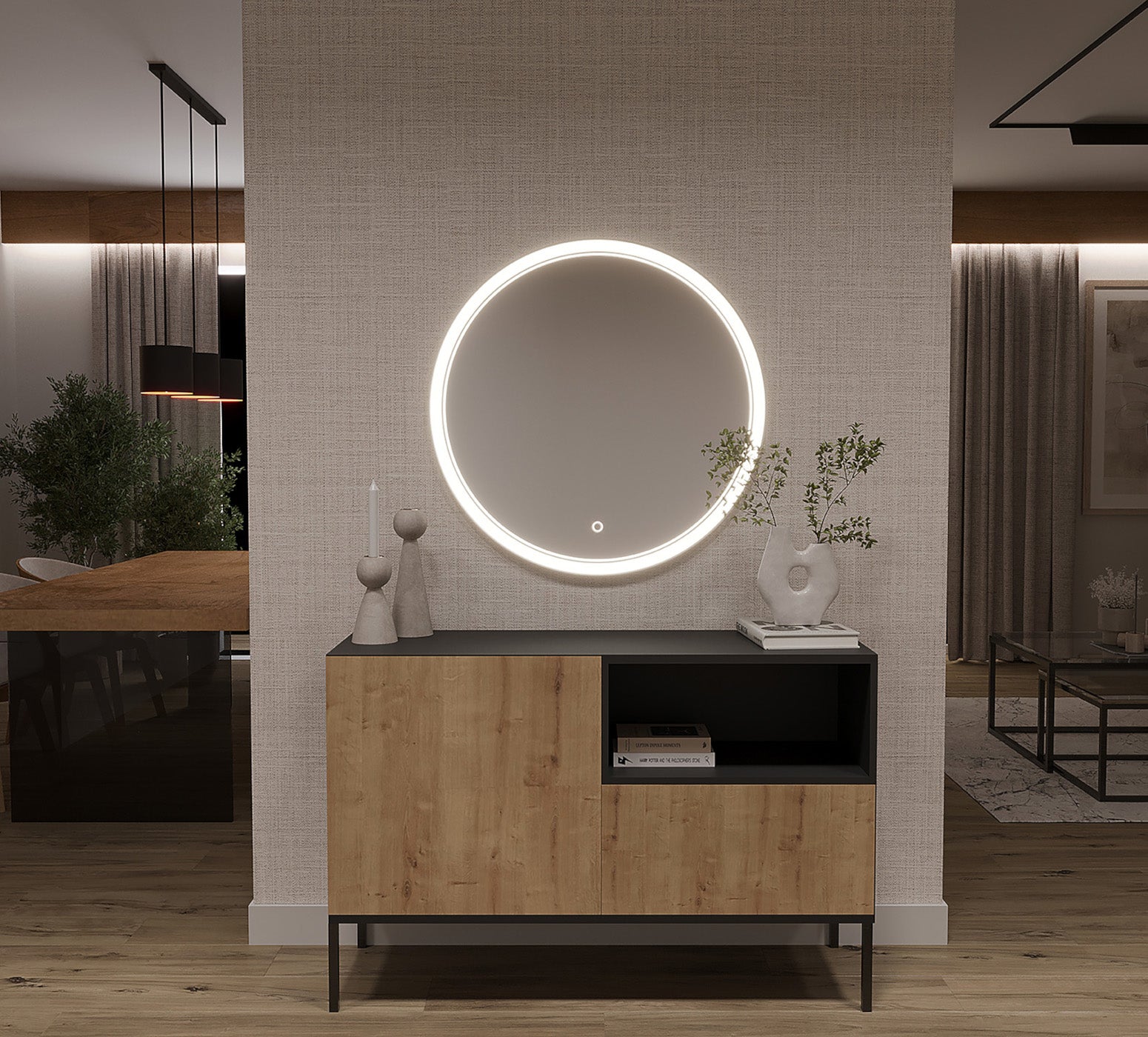 Lustro Orandiu L 80 cm z ramą LED, zawieszone nad komodą w salonie z beżową tapetą i nowoczesnym wystrojem.