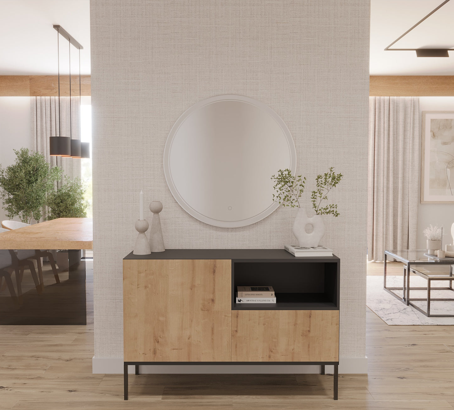 Lustro Orandiu L 80 cm w aranżacji dziennej, zamontowane nad komodą z drewnianymi frontami w jasnym wnętrzu.