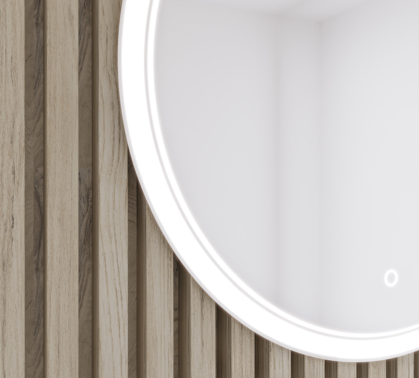 Zbliżenie na fragment lustra Orandiu L 80 cm z podświetleniem LED, ukazujące białą ramę i drewniane panele ścienne w tle.