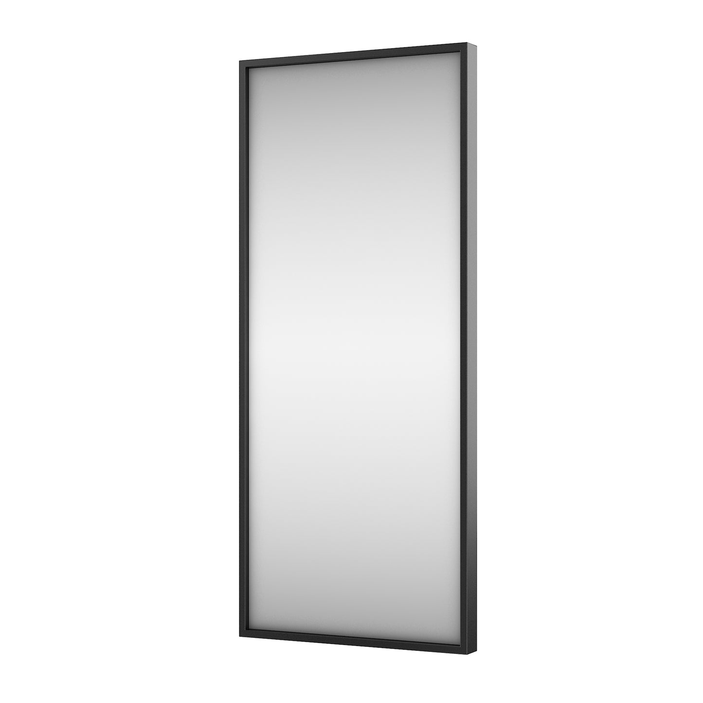 Czarne lustro Vasto o wąskiej, prostokątnej metalowej ramie, ustawione pionowo na białym tle.