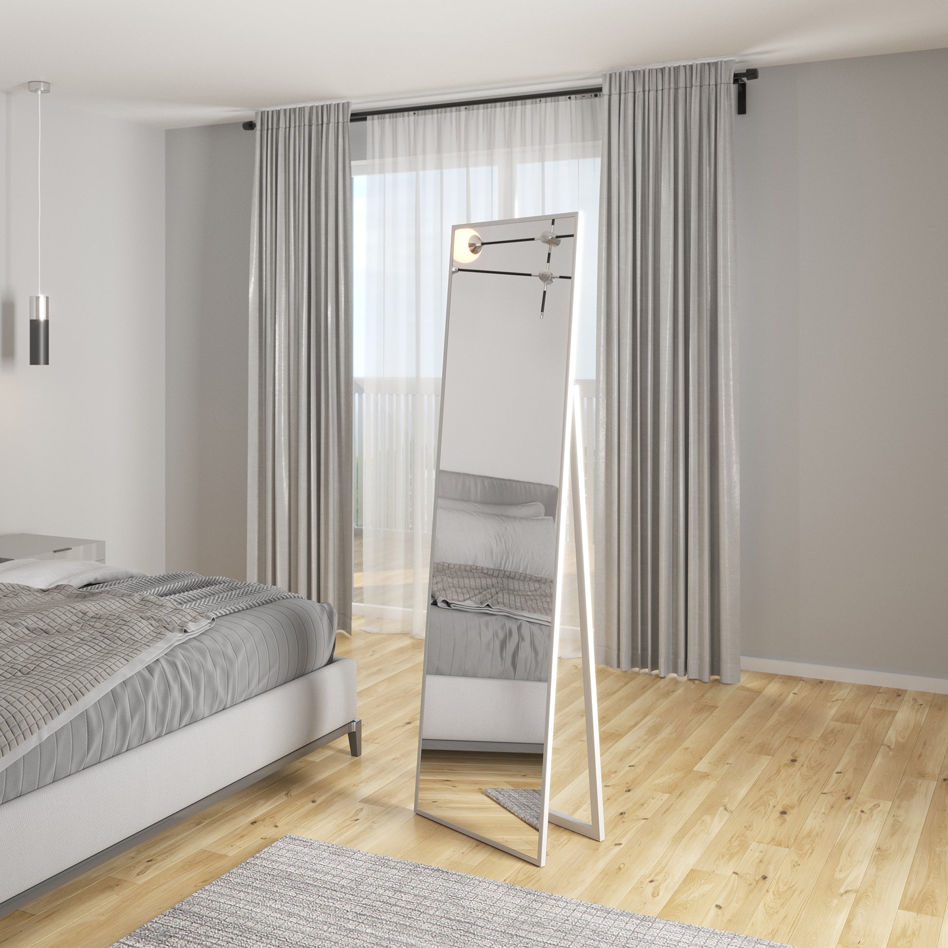 Lustro Verona w białej ramie ustawione w sypialni obok łóżka i dużego okna z zasłonami.