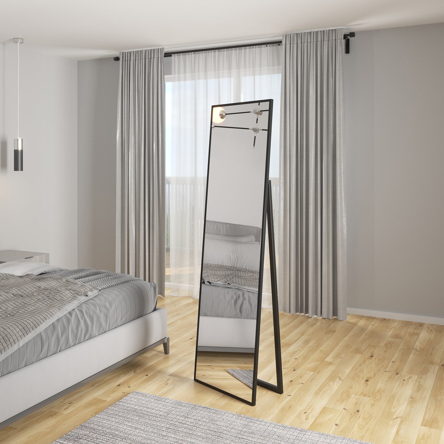 Lustro Verona w czarnej ramie ustawione w sypialni przy łóżku i oknie z zasłonami.