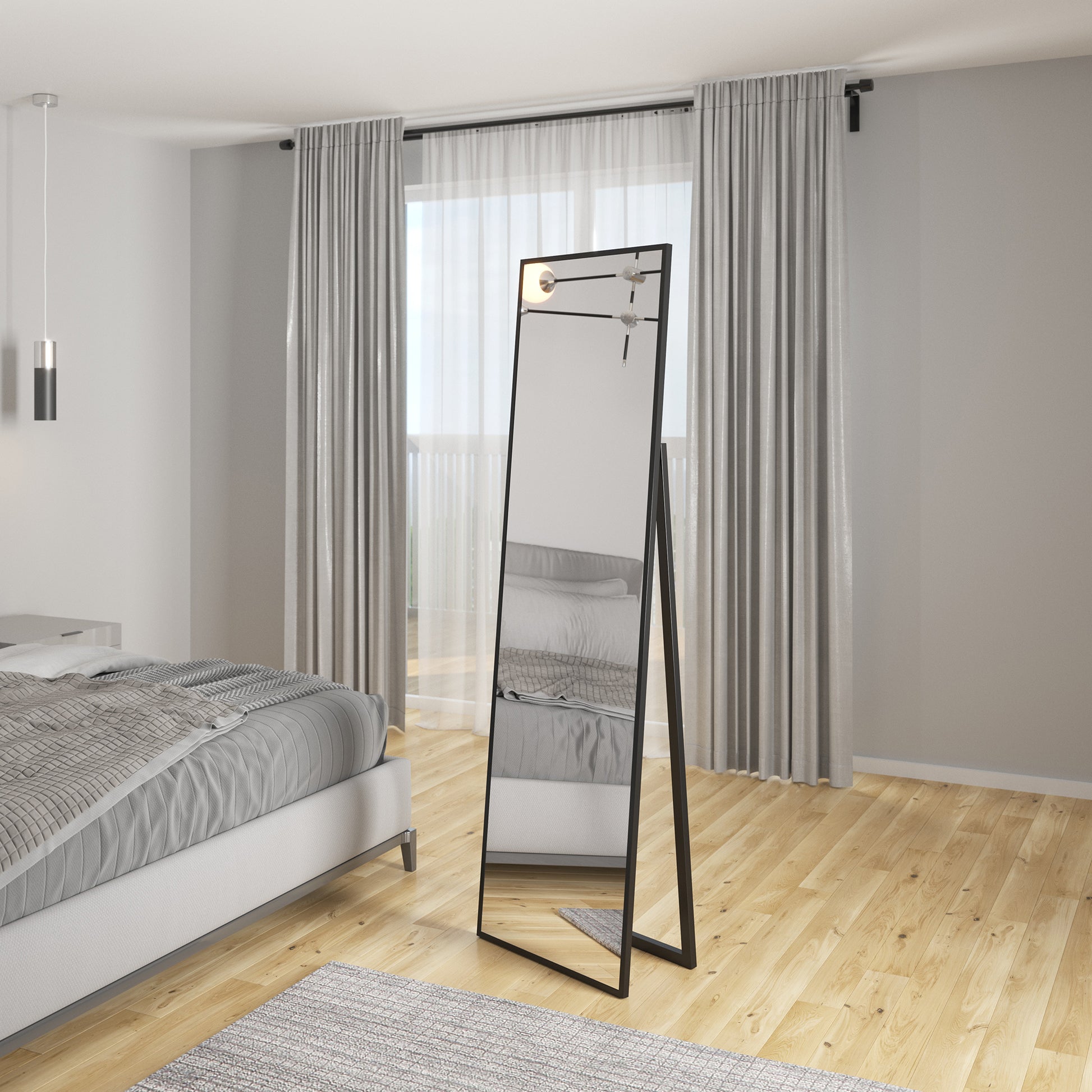 Lustro Verona w czarnej ramie ustawione w sypialni przy łóżku i oknie z zasłonami.