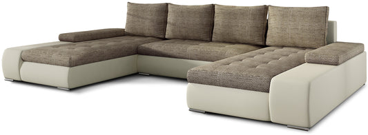 Narożnik Marino uniwersalny w połączeniu tkaniny Berlin 03 w odcieniu ciemnobeżowym i jasnobeżowej ekoskóry Soft 33 to elegancka sofa do salonu, która tworzy przytulną i harmonijną przestrzeń wypoczynkową.