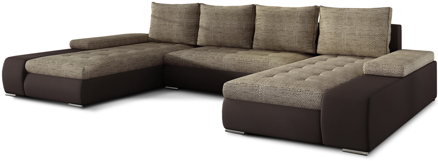 Narożnik Marino uniwersalny w połączeniu tkaniny Berlin 03 w odcieniu ciemnobeżowym i brązowej ekoskóry Soft 66 to elegancka sofa do salonu, która zapewnia wygodę i przytulny charakter wnętrza.