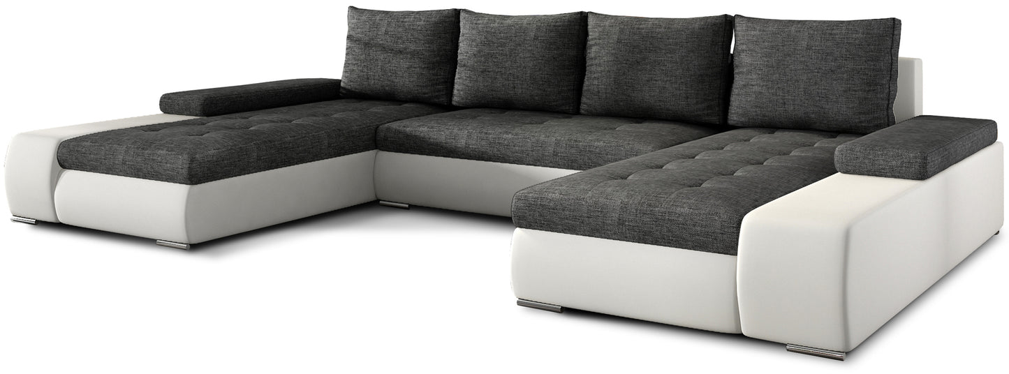 Ciemnoszaro-bialy narożnik Marino uniwersalny w połączeniu tkaniny Sawana 05 i ekoskóry Soft 17 to nowoczesna sofa do salonu, która zapewnia wygodę, trwałość oraz elegancki wygląd w codziennym użytkowaniu.