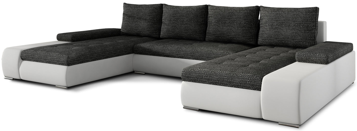 Narożnik Marino uniwersalny w połączeniu czarnej tkaniny Berlin 02 i białej ekoskóry Soft 17 to nowoczesna sofa do salonu o kontrastowym wyglądzie, która przyciąga uwagę i zapewnia komfort wypoczynku.