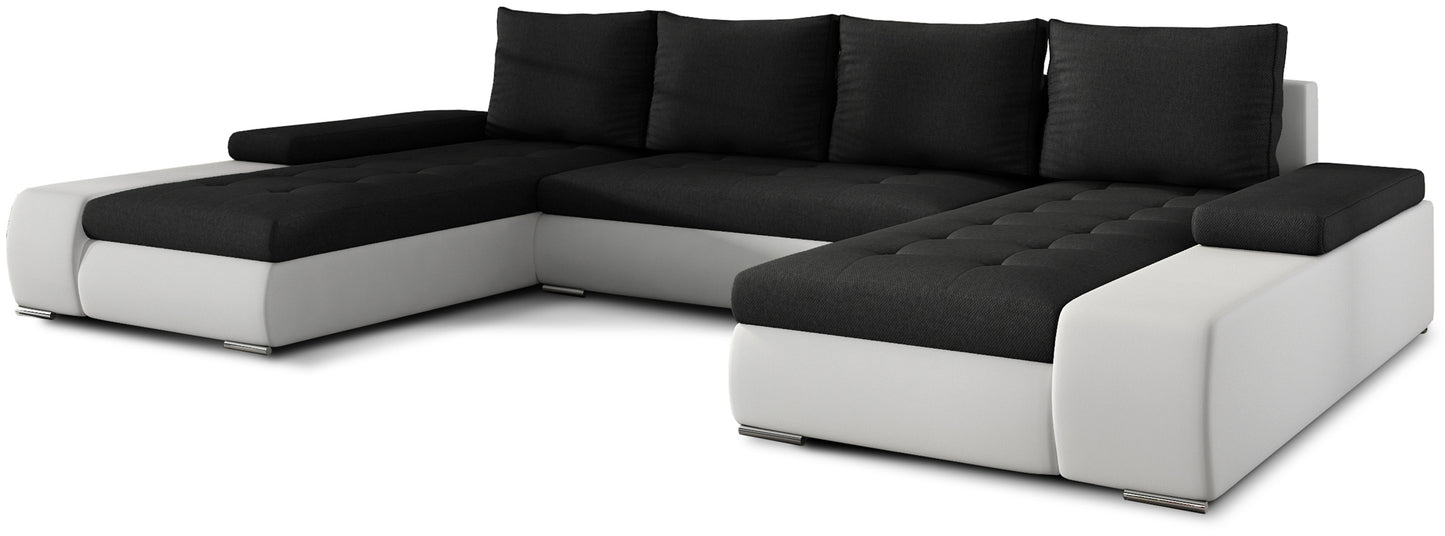 Czarny narożnik Marino uniwersalny w połączeniu tkaniny Sawana 14 i ekoskóry Soft 17 to nowoczesna sofa do salonu, która łączy elegancję z funkcjonalnością i wygodą codziennego użytkowania.