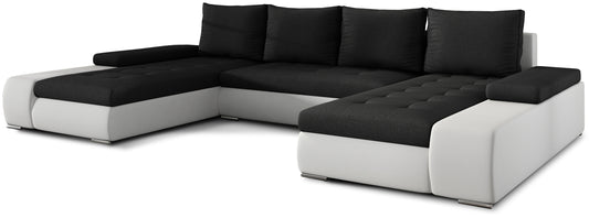Czarny narożnik Marino uniwersalny w połączeniu tkaniny Sawana 14 i ekoskóry Soft 17 to nowoczesna sofa do salonu, która łączy elegancję z funkcjonalnością i wygodą codziennego użytkowania.