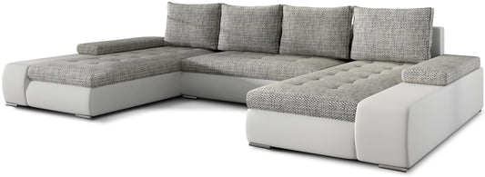 Narożnik Marino uniwersalny w połączeniu szarej tkaniny Berlin 01 i białej ekoskóry Soft 17 to nowoczesna sofa do salonu, która łączy elegancję z funkcjonalnością i wygodą codziennego użytkowania.