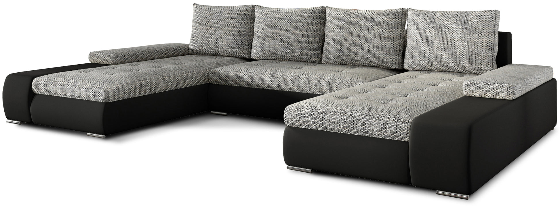 Narożnik Marino uniwersalny w połączeniu szarej tkaniny Berlin 01 i czarnej ekoskóry Soft 11 to nowoczesna sofa do salonu, która łączy wygodę użytkowania z eleganckim, kontrastowym designem.