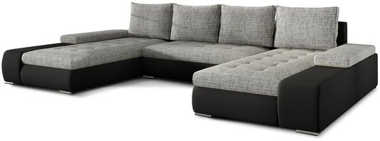 Narożnik Marino uniwersalny w połączeniu szarej tkaniny Berlin 01 i czarnej ekoskóry Soft 11 to nowoczesna sofa do salonu, która łączy wygodę użytkowania z eleganckim, kontrastowym designem.