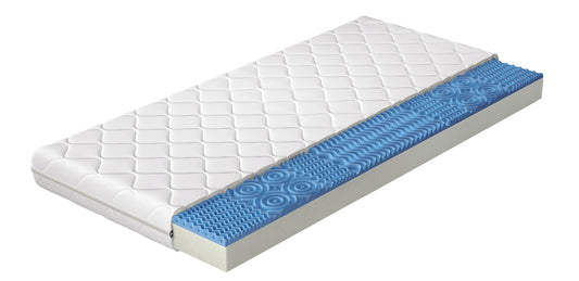 Materac Lauren 180x200 cm z hipoalergicznym pokrowcem – przekrój pokazujący warstwę niebieskiej pianki profilowanej HR i pianki T2542, zapewniających wysoki komfort, sprężystość i wsparcie dla kręgosłupa.