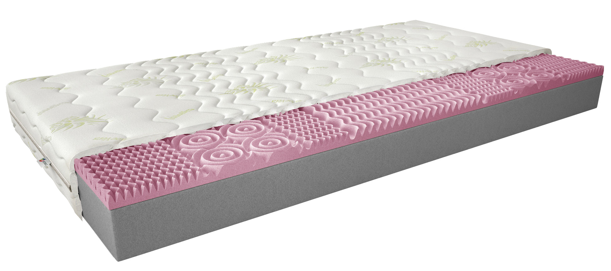 Materac Lauren I 180x200 cm z hipoalergicznym pokrowcem Aloe Vera – przekrój pokazujący warstwę różowej pianki profilowanej HR i szarej pianki T2542, zapewniających sprężystość, komfort i ergonomiczne podparcie ciała.