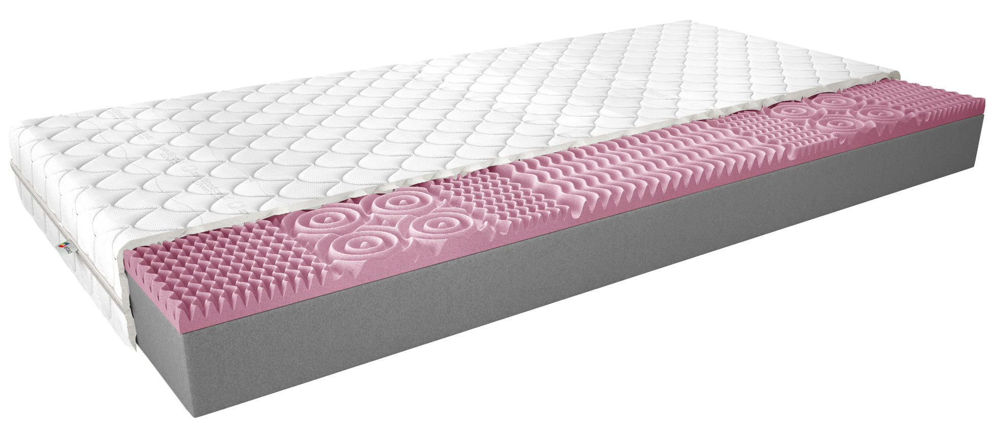 Materac Lauren II 160x200 cm z hipoalergicznym pokrowcem Medicott Silver – przekrój ukazujący różową piankę profilowaną HR i szarą piankę T2542, zapewniające sprężystość, komfort i odpowiednie podparcie kręgosłupa.