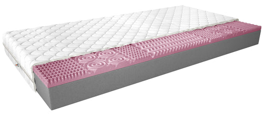 Materac Lauren II 80x200 cm z hipoalergicznym pokrowcem Medicott Silver – przekrój pokazujący warstwę różowej pianki profilowanej HR i szarej pianki T2542, zapewniających komfort, elastyczność i wsparcie ciała.