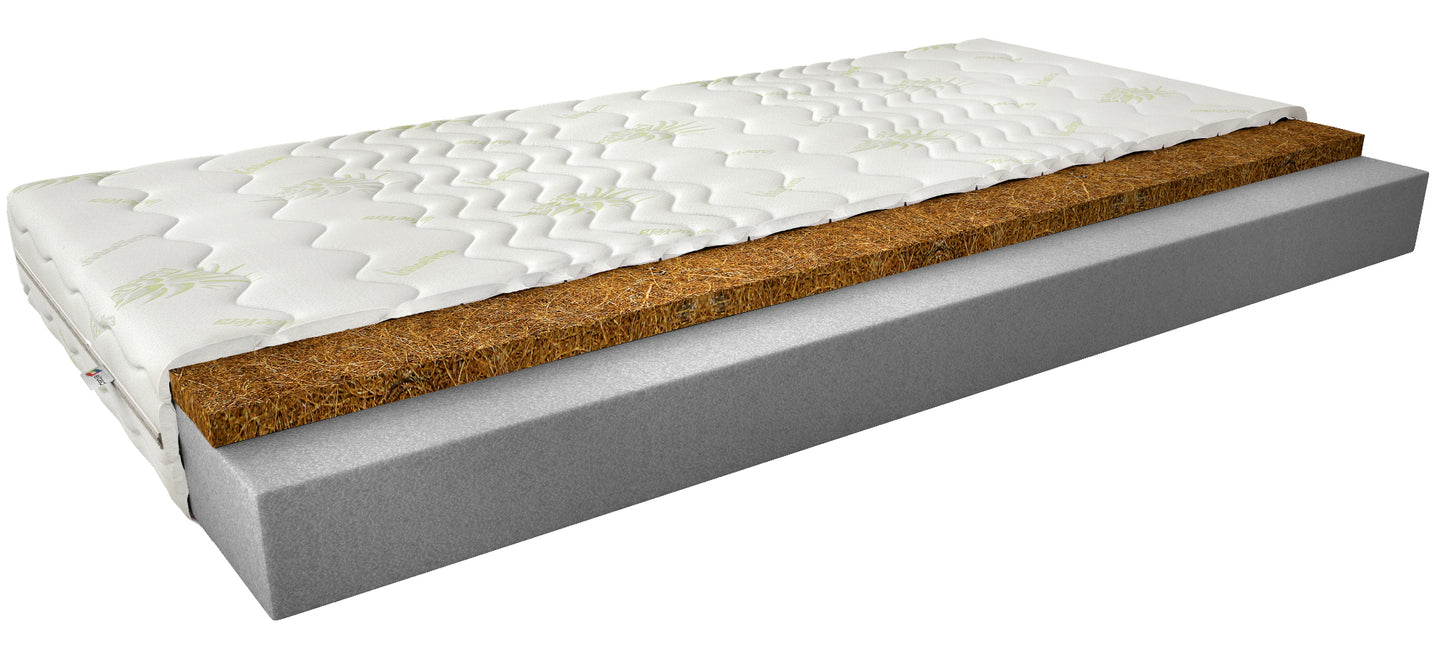 Materac Luna I 120x200 cm z hipoalergicznym pokrowcem Aloe Vera – przekrój z oznaczeniem twardości H3 i H4, prezentujący dwustronny materac o zróżnicowanym stopniu twardości i elastycznym dopasowaniu do ciała.