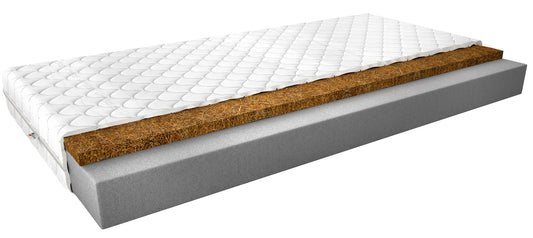 Materac Luna II 140x200 cm z hipoalergicznym pokrowcem Medicott Silver – przekrój ukazujący warstwę pianki T2542, płyty kokosowej i pianki profilowanej HR, zapewniających wygodę, stabilność i odpowiednie podparcie kręgosłupa.