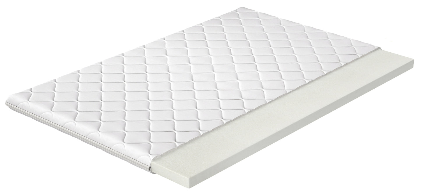 Materac nawierzchniowy piankowy T25 w rozmiarze 80x200 cm z białym hipoalergicznym pokrowcem, widok przekrojowy.