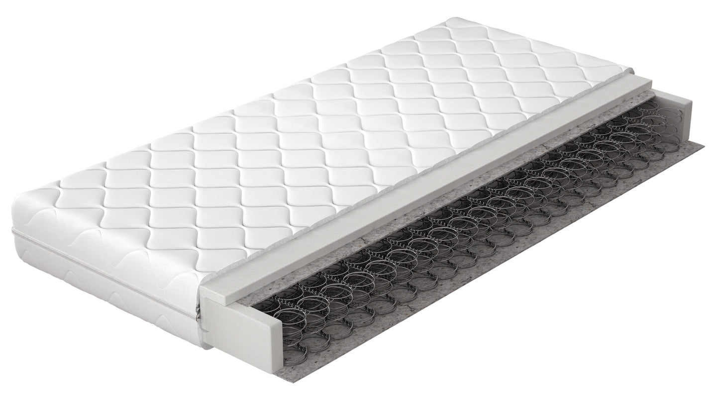 Materac Omini 160x200 cm z hipoalergicznym pokrowcem i sprężyną bonellową, widok przekrojowy.