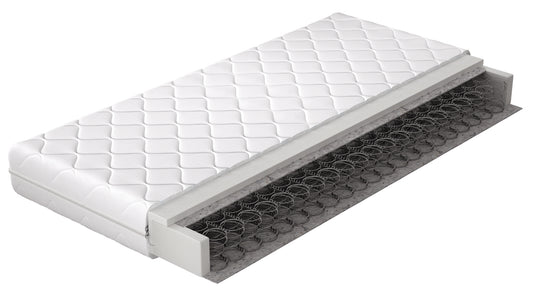 Materac Omini 200x200 cm z hipoalergicznym pokrowcem i sprężyną bonellową, widok przekrojowy.