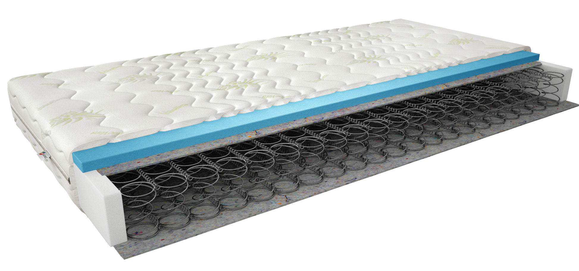 Materac Omini 90x200 cm z pokrowcem Aloe Vera w przekroju, warstwa pianki T2542 i sprężyny bonellowe.