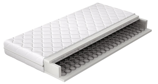 Materac Orsola 180×200 cm z pokrowcem hipoalergicznym – przekrój prezentujący budowę z pianką T2542, przekładką filcową i sprężynami bonellowymi, zapewniającymi stabilność i wygodne podparcie podczas snu.