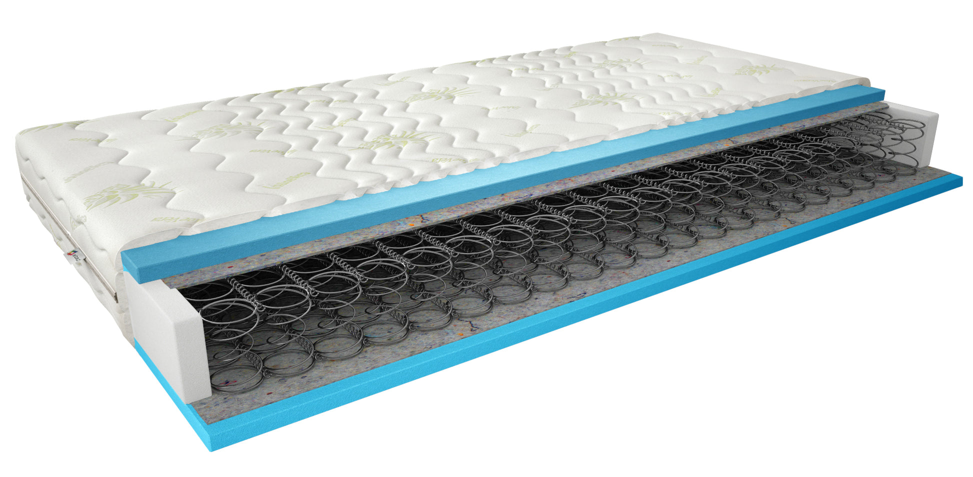 Materac Orsola I 180×200 cm z pokrowcem Aloe Vera – przekrój pokazujący budowę z pianką T2542, przekładką filcową i sprężynami bonellowymi, zapewniający elastyczne podparcie i komfortowy sen dla dwóch osób.