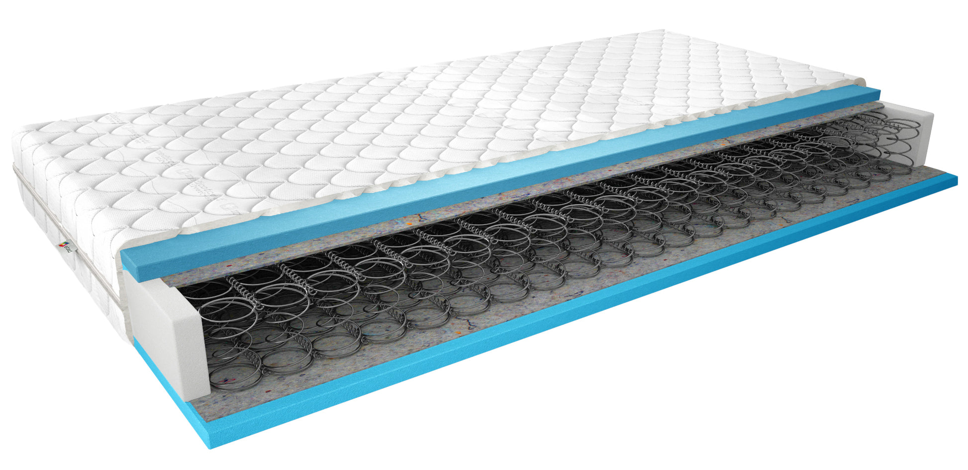Materac Orsola II 80×200 cm z pokrowcem Medicott Silver – przekrój ukazujący budowę z pianką T2542, sprężynami bonellowymi i przekładką filcową, zapewniający trwałość, wentylację i odpowiednie podparcie ciała.