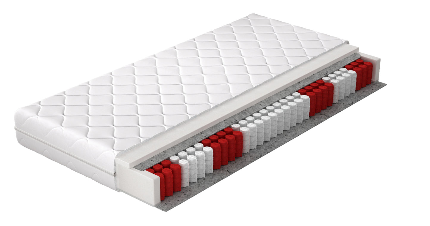 Materac Pedro 80x200 cm z hipoalergicznym pokrowcem – przekrój prezentujący konstrukcję ze sprężynami kieszeniowymi, przekładką filcową i pianką T2542, zapewniającą sprężystość i trwałe podparcie ciała.