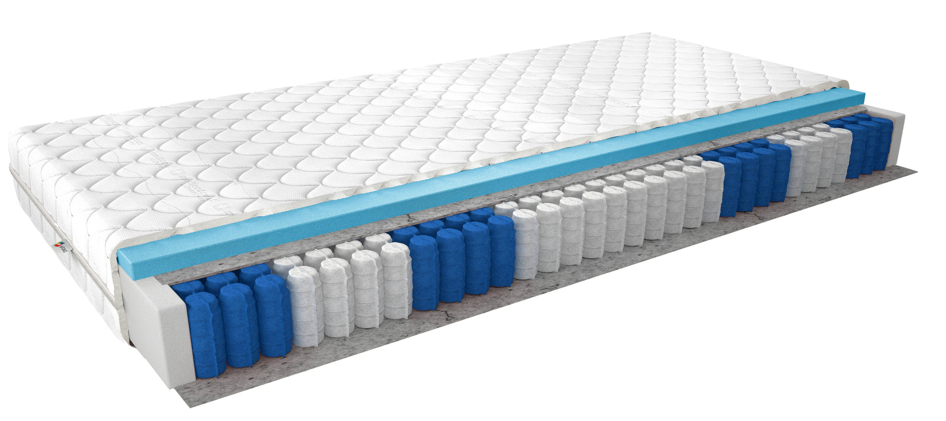 Materac Pedro II 140x200 cm z pokrowcem Medicott Silver – przekrój pokazujący warstwę pianki T2542, przekładki filcowej i sprężyn kieszeniowych, zapewniających elastyczne wsparcie, trwałość i komfortowy sen dla dwóch osób.