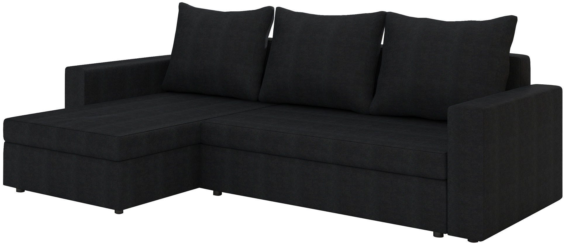 Narożnik Livio w tkaninie Alova 04 czarny, układ uniwersalny, trzy poduszki oparcia i szezlong – elegancka sofa narożna do salonu.