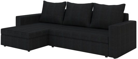 Narożnik Livio w tkaninie Alova 04 czarny, układ uniwersalny, trzy poduszki oparcia i szezlong – elegancka sofa narożna do salonu.