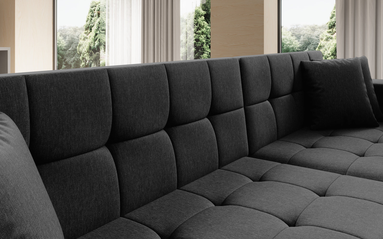 Duży narożnik Solange prawy w tkaninie Sawana 14 w kolorze czarnym to komfortowa sofa wypoczynkowa, która łączy funkcjonalność z eleganckim i uniwersalnym stylem wnętrza.