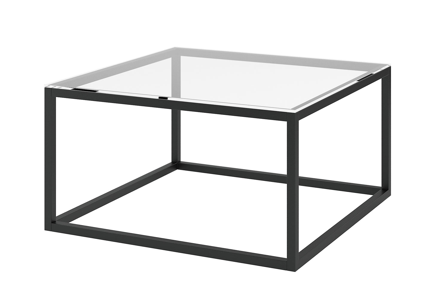 Stolik kawowy Merala w minimalistycznym stylu z czarną ramą. Szklany blat podkreśla elegancki i nowoczesny charakter mebla.

