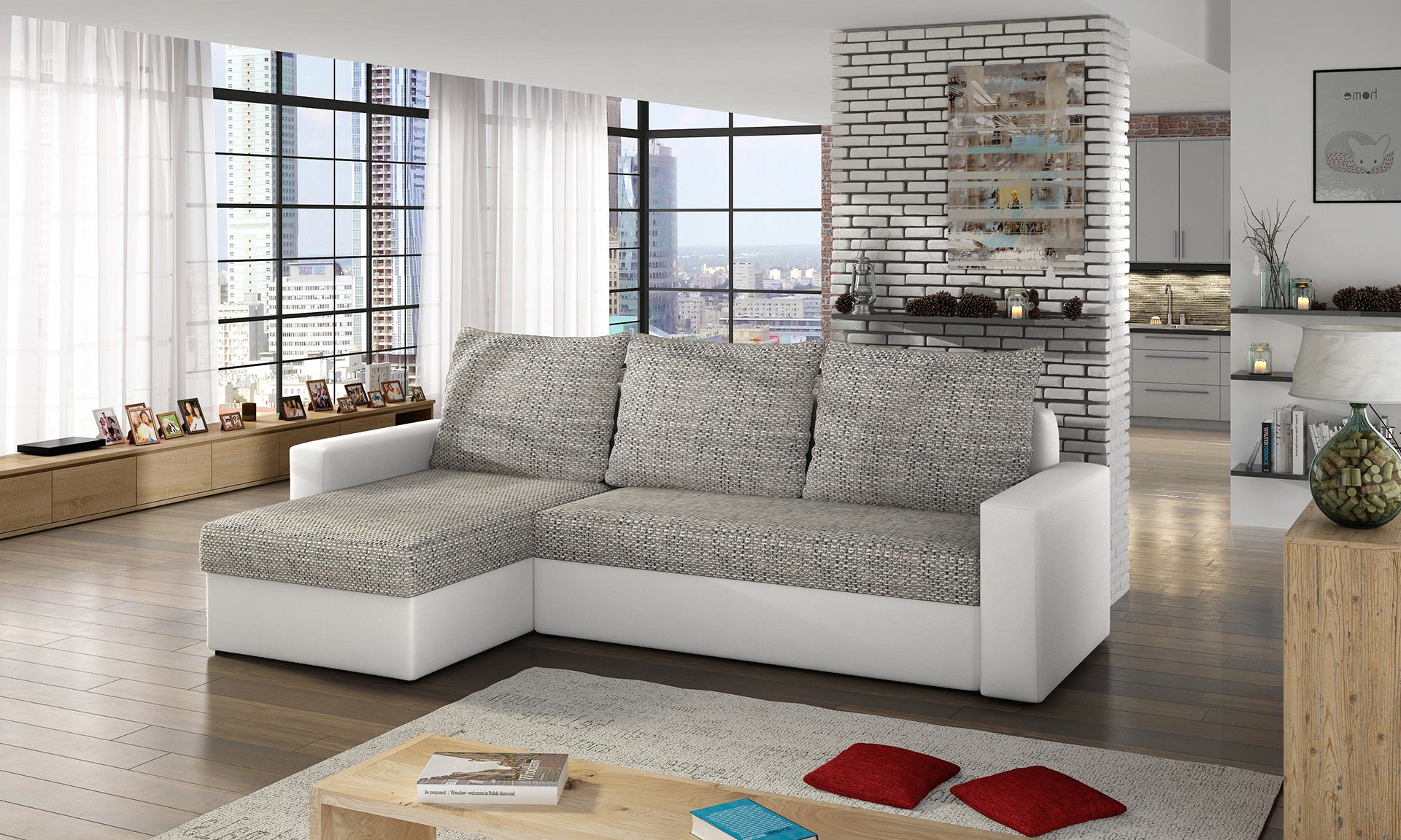 Narożnik Livio w aranżacji salonu, szary Berlin 01 z białą podstawą Soft 17