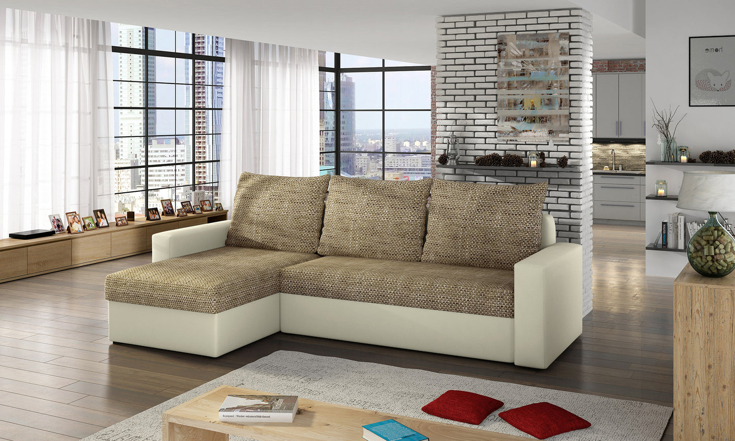 Narożnik Livio w jasnej aranżacji, beżowe wykończenia Soft 33 i tkanina Berlin 03