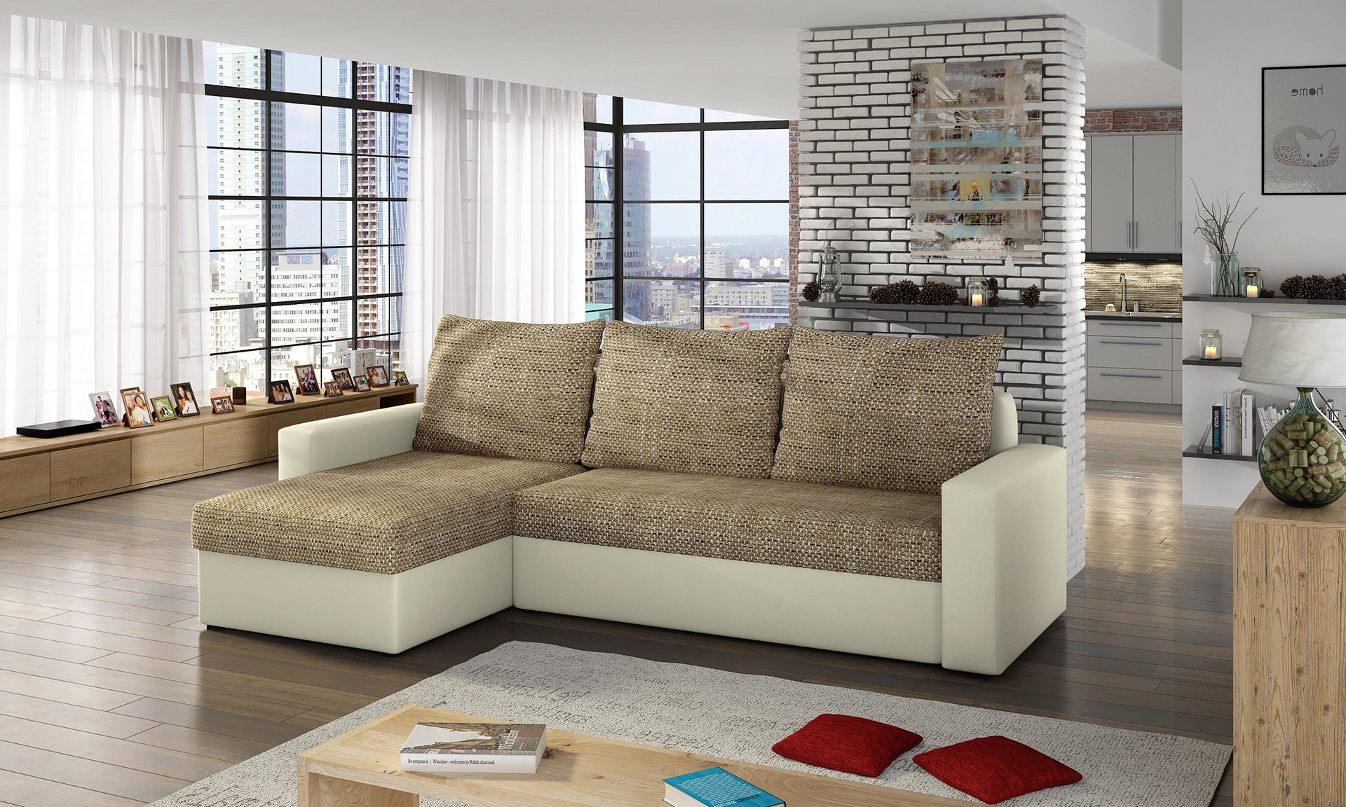 Narożnik Livio w jasnej aranżacji, beżowe wykończenia Soft 33 i tkanina Berlin 03