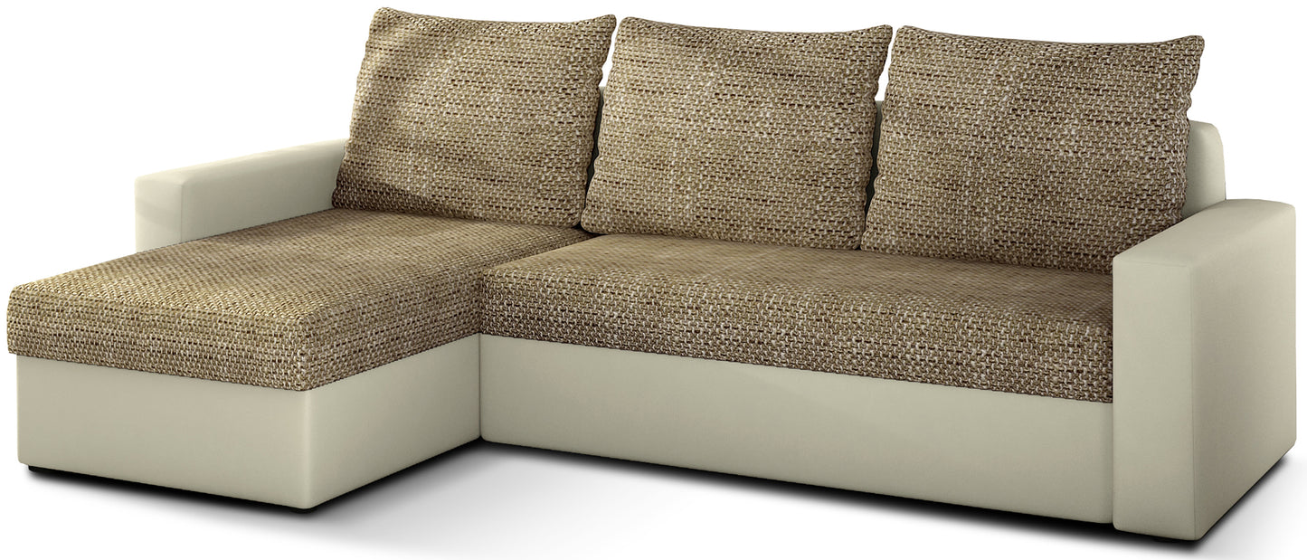 Narożnik Livio, Berlin 03 ciemnobeż + Soft 33 beż, sofa narożna do salonu, układ uniwersalny