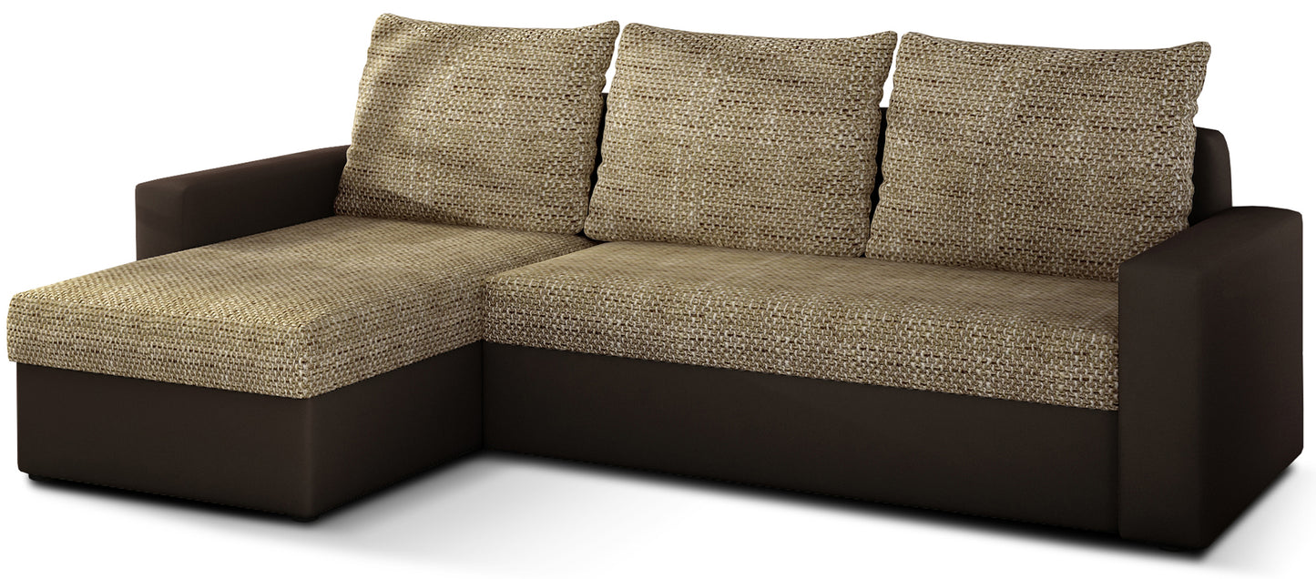 Narożnik Livio, tkanina Berlin 03 ciemnobeż + Soft 66 brąz, klasyczna sofa narożna, układ uniwersalny