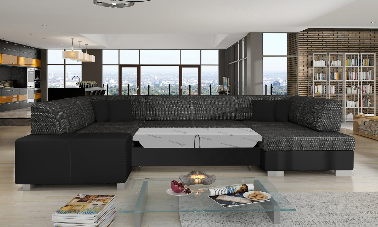 Narożnik Havana Berlin 02 i Soft 11, modułowa czarna sofa prezentowana w eleganckiej aranżacji salonu