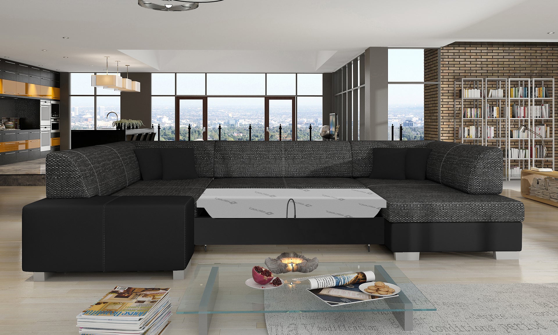 Narożnik Havana Berlin 02 i Soft 11, modułowa czarna sofa prezentowana w eleganckiej aranżacji salonu