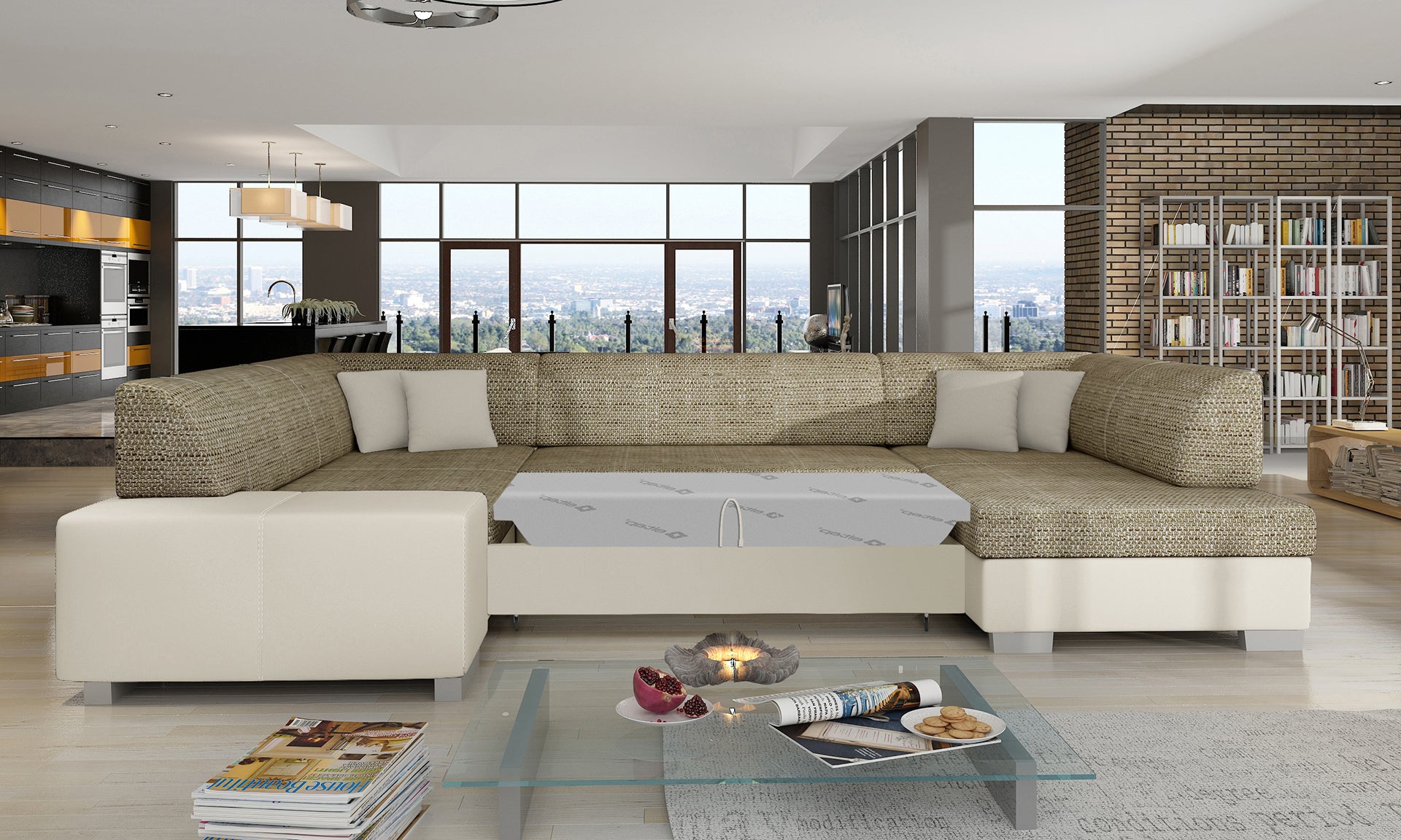 Narożnik Havana Berlin 03 i Soft 33, modułowa beżowa sofa prezentowana w eleganckim salonie